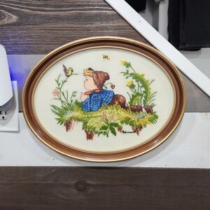 Vintage Embroidered Wall Art with Child and Bird